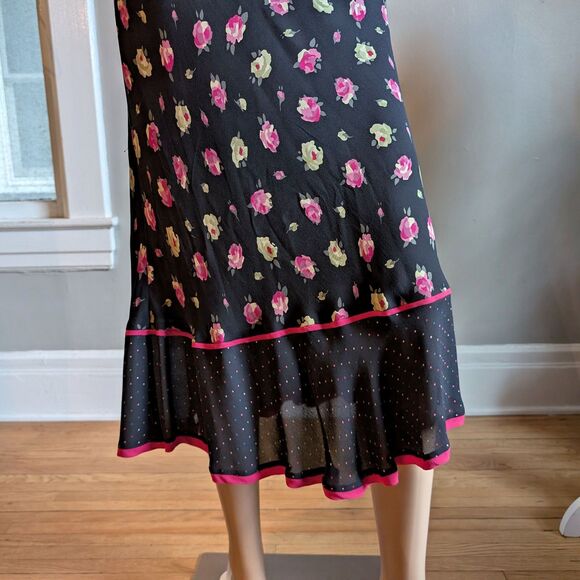 Vintage 90s Y2K Express Midi Skirt Dark Floral Silk Ruffle Polka Dot Whimsygoth - Picture 5 of 12